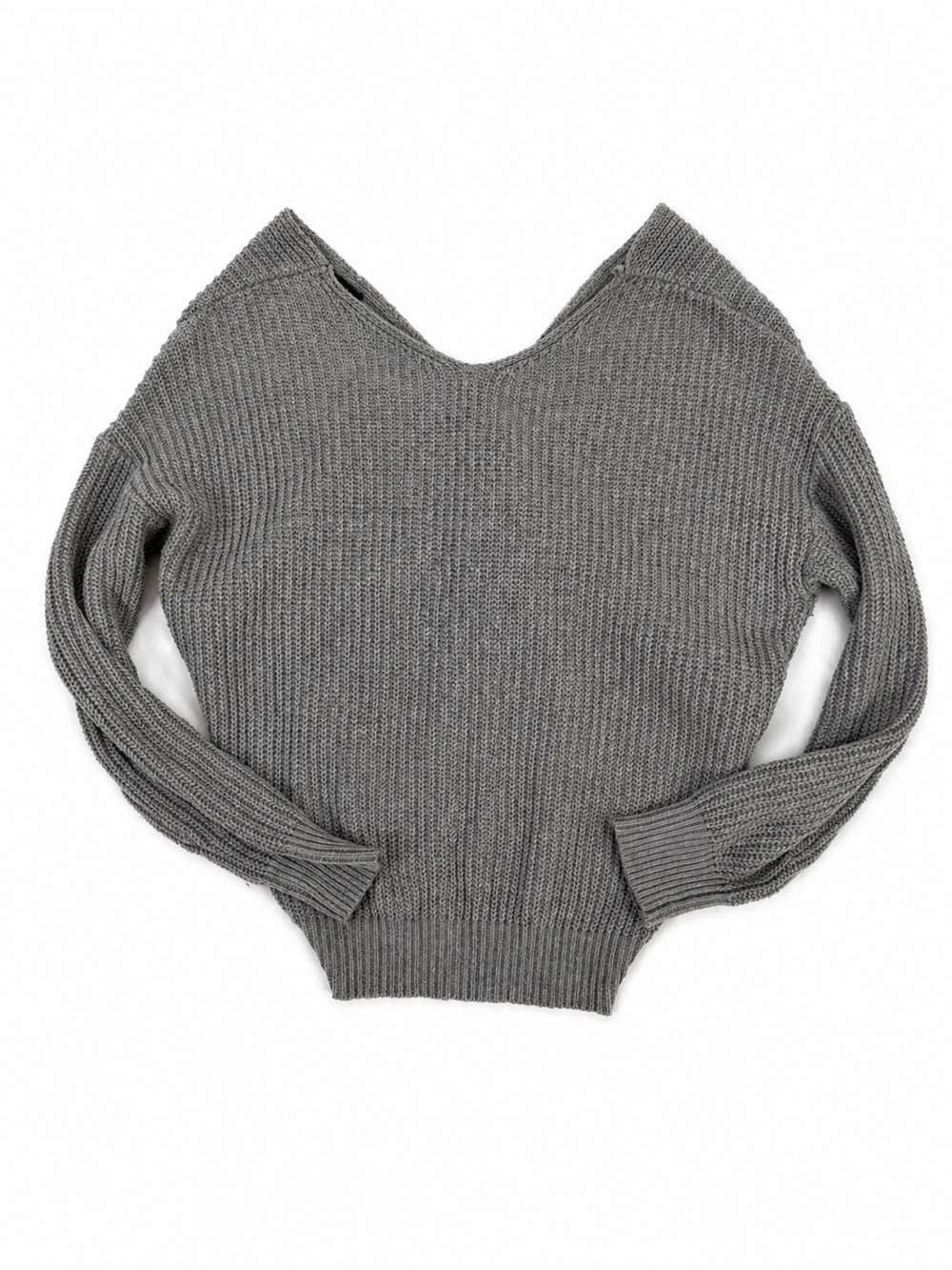 Zanzea Oversized Knit Sweater Gray Twist Front Back V Neck Chunky Cozy Boho